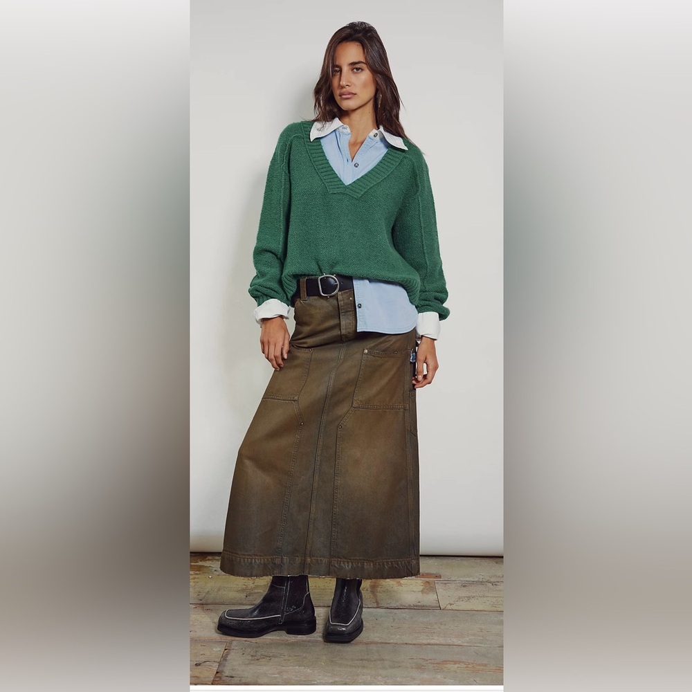 New We the Free Harmonica Coated Denim Maxi Skirt Green